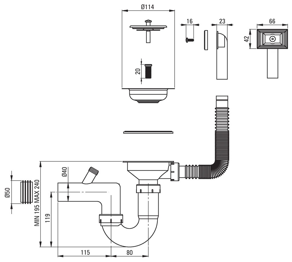 Deante Techno, nerezový drez na dosku 1-komorový B/O 500x400x150 3,5" + sifón, vzor satyna, ZEU_010A