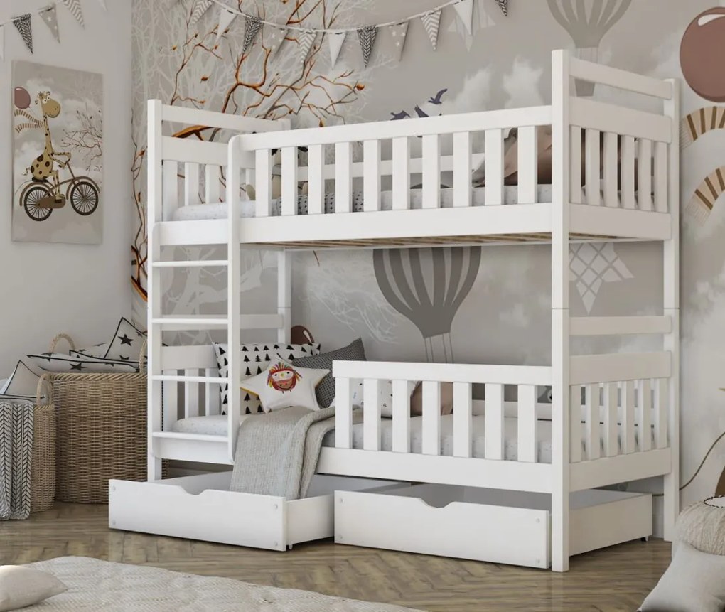 Detská poschodová posteľ z masívu MARIE so šuplíkmi 200x90 cm - biela