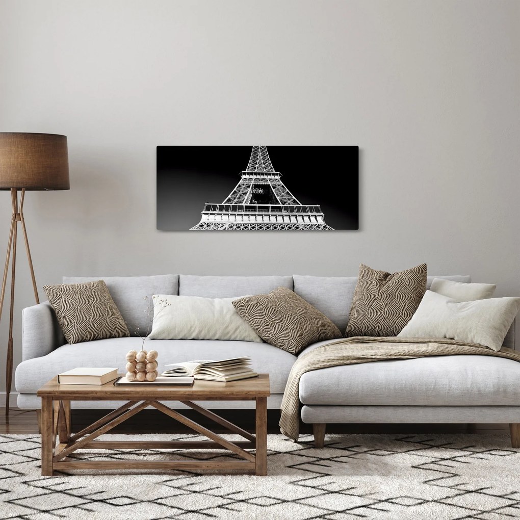 Obraz - Eiffelova veža, čiernobiela (120x50 cm)