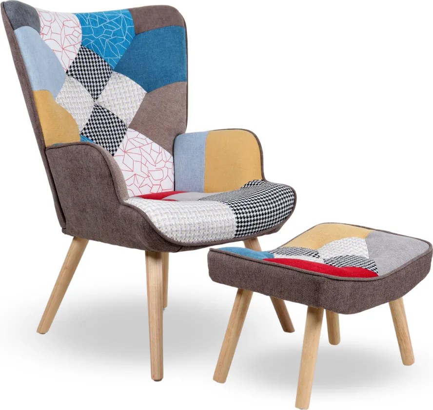 Kreslo ušiak CORDU + taburet — masív, látka, prírodná / patchwork