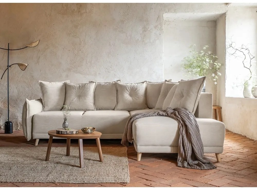 Béžová menčestrová rozkladacia rohová pohovka (pravý roh) Lazy Lukka – Miuform