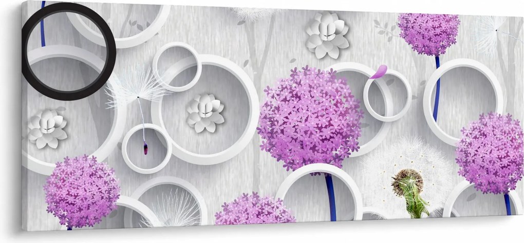 Obraz 3D abstrakcie s kruhmi a kvetinami (120x50 cm)