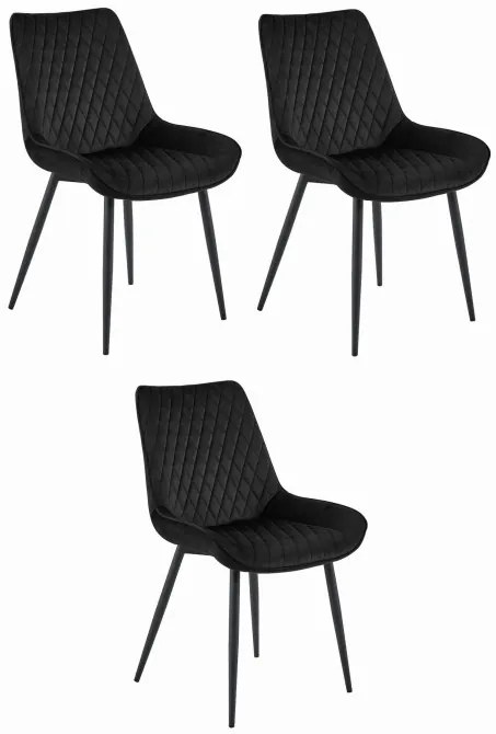 Set troch jedálenských stoličiek VERDO zamatové čierne / čierne nohy (3 ks)