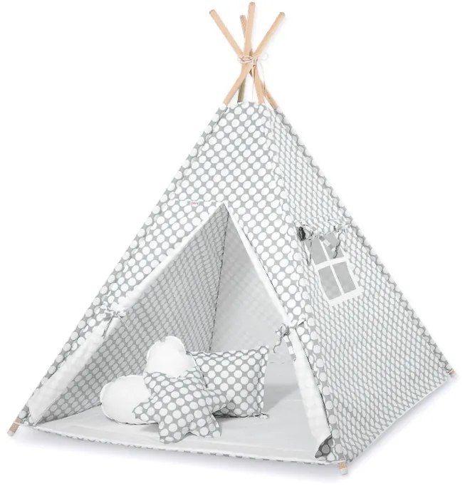 Bobono Stan Teepee pre deti + podložka na hranie + ozdobné pierka - sivý s bielymi bodkami
