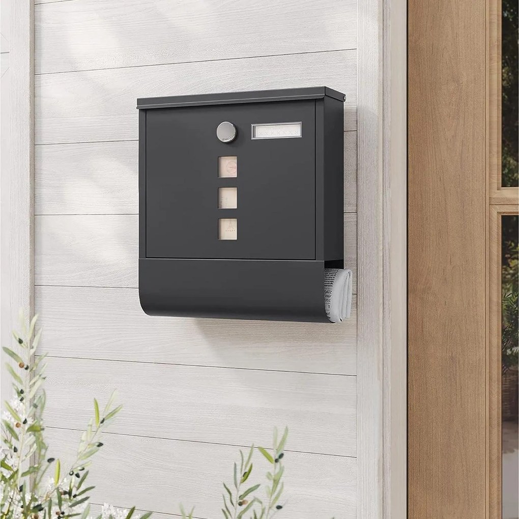 Moderná poštová schránka s držiakom na noviny, čierna