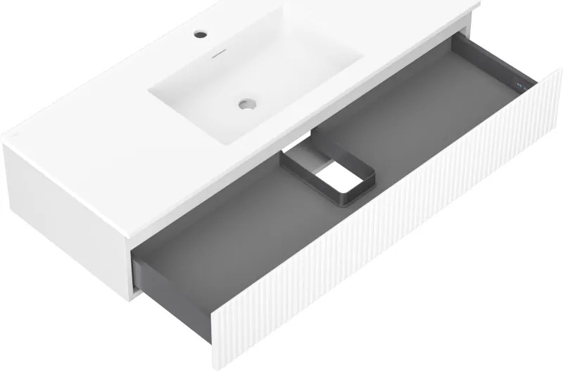 Mexen Rivel, kúpeľňová skrinka 120 cm s umývadlom Otis, 1 zásuvka, drážkovaná, biela matná, 91A20-12023-1-BF01-W18M01