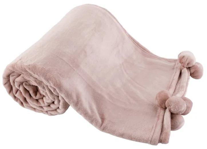 TEMPO-KONDELA LUANG, plyšová deka s brmbolcami, púdrová ružová, 150x200 cm