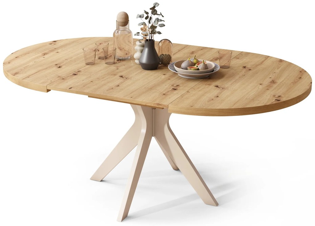 RENZO Dub Artisan/béžová noha (šampanské) - OKRÚHLY STÔL Ø110 ROZKLADACÍ DO 180 cm | DO KUCHYNE JEDÁLNE OBÝVAČKY RETRO