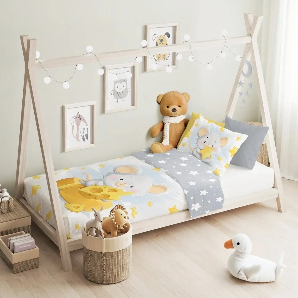 Posteľné obliečky do detskej postieľky s Myškou a syrom - 100% bavlna - zipsové zapínanie - 100 × 135 cm + 40 × 60 cm