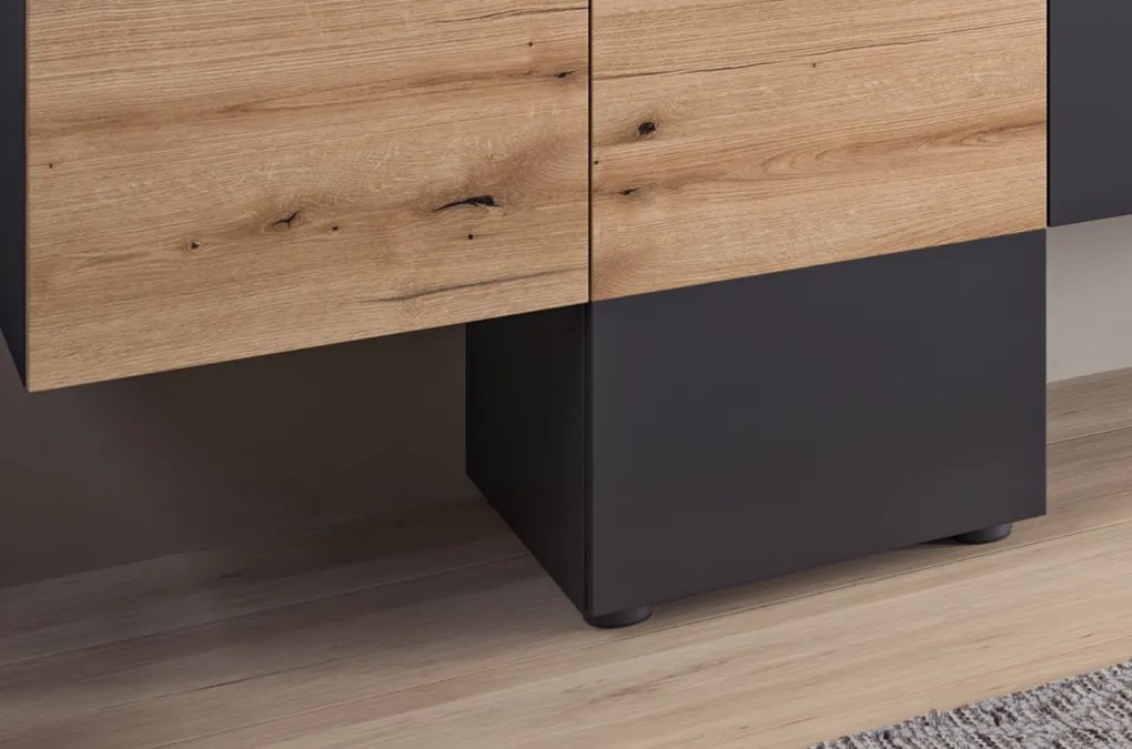 Obývacia stena s osvetlením Goul, tmavo šedá/dub evoke