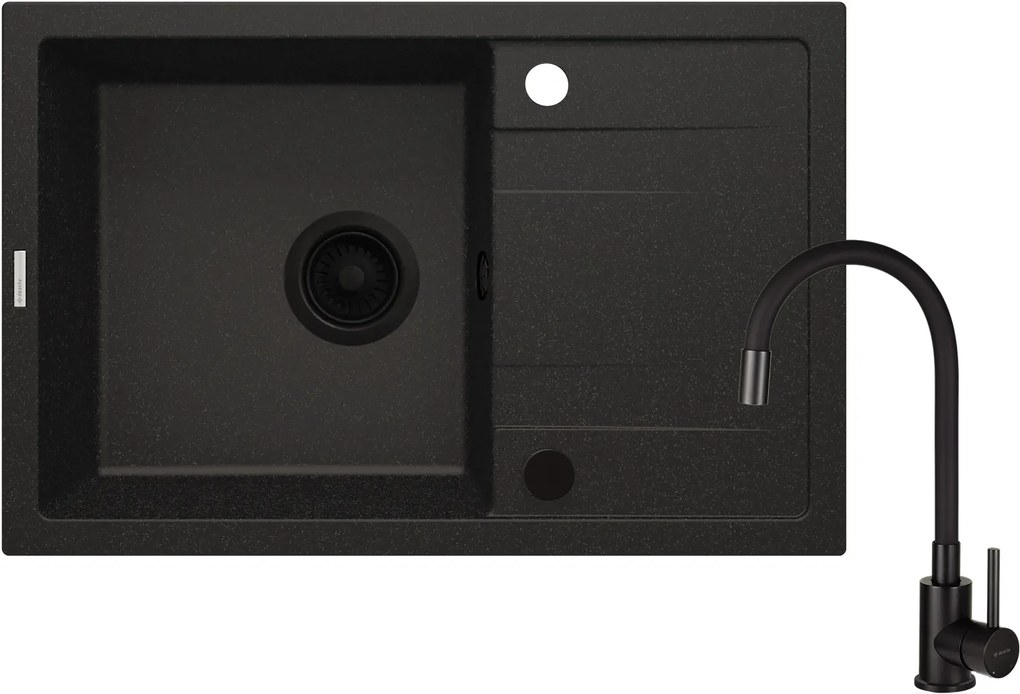Deante Corio, 1-komorový granitový drez 670x440x175mm + flexibilná drezová batéria, čierna matná, DEA-ZRCPG113