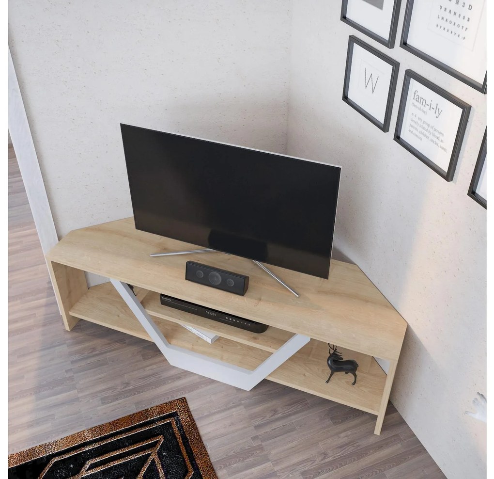 TV stolík/skrinka Sarra (biela + dub) . Akcia -19%. Vlastná spoľahlivá doprava až k Vám domov. 1102561