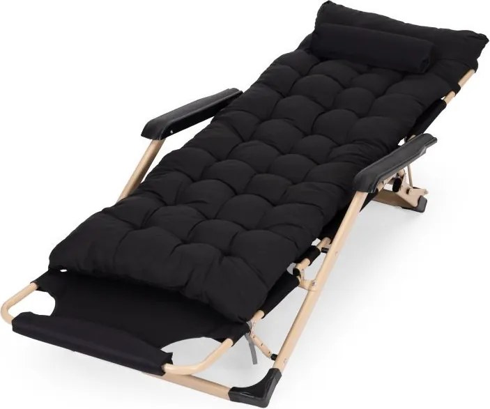 Záhradné plážové ležadlo 2 v 1 s vankúšom, opierkou hlavy, nastaviteľnou opierkou nôh, čierne, zlatý rám