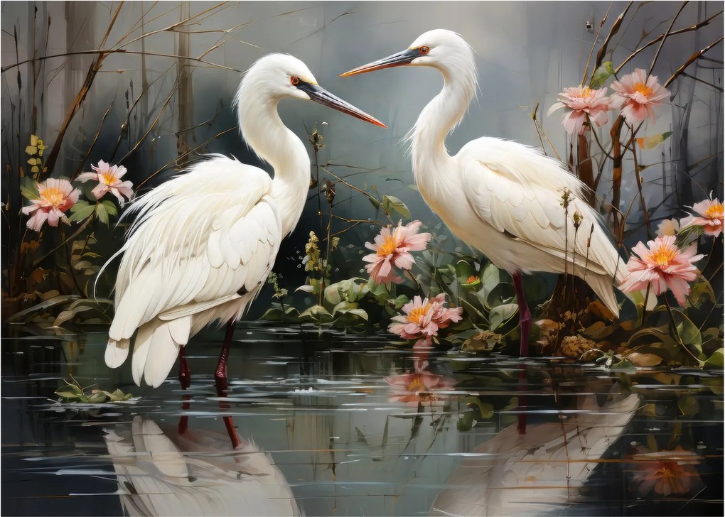 Sklenený obraz - Žeriavy biely (70x50 cm)
