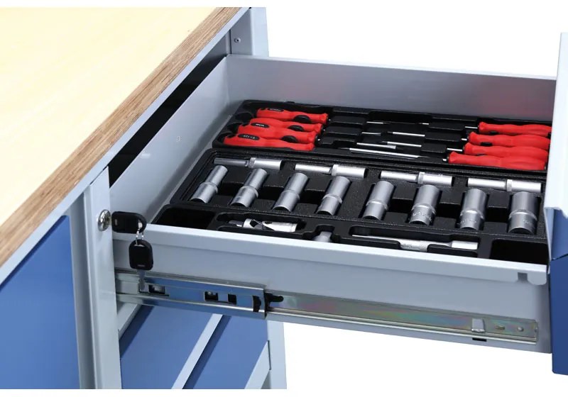 Pracovný stôl do dielne EXPERT, 3 zásuvky, 2 skrinky, 1690 x 600 x 860 - 900 mm, modrá