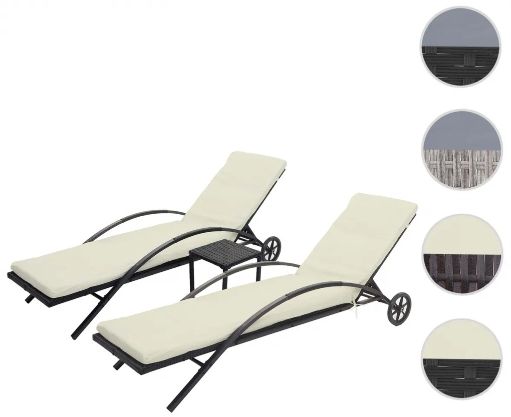 Set 2 záhradných lehátok HWC-E27, polyratan - béžové vankúše - čierna