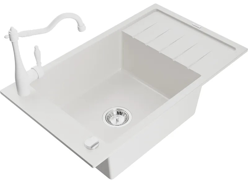 Mexen Elias, granitový drez 795x480x200 mm, 1-komorový a drezová batéria Carla, biela, 6511-20-670700-20
