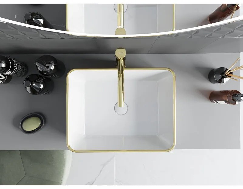 Mexen Catia, umývadlo na dosku 48x37x14 cm, biela lesklá-zlatý vzor, 21314809