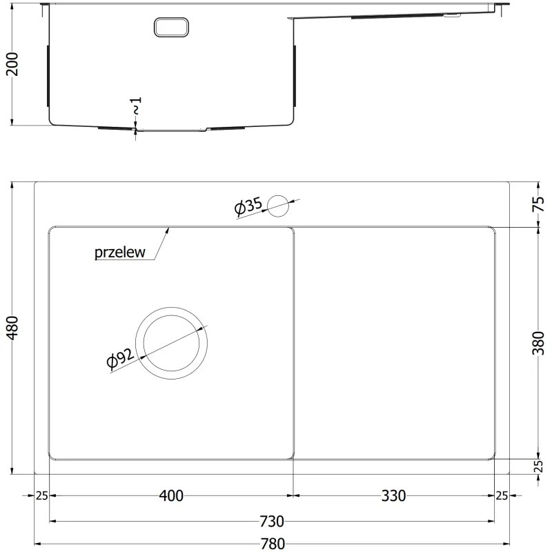 Mexen Exar, 1-komorový nerezový drez s odkvapkávačom, ľavý, 780 x 480 mm, brúsena oceľ, vzor voština, 6433781010L-01HC