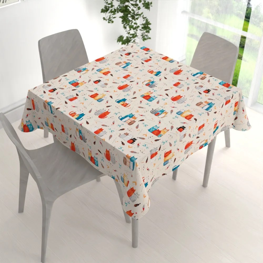 Biante Detský bavlnený štvorcový obrus Sandra SA-655 Mačací svet modro-červený na krémovom 90x90 cm