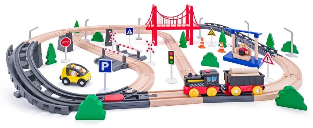 Woody Vláčikodráha s elektrickou mašinkou a mostom, 80 dielov