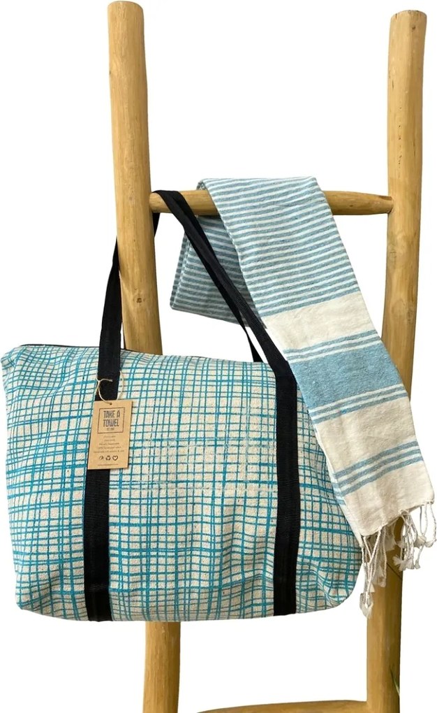 Štýlový set plážovej tašky + osušky HAMAM 75x150 cm, tyrkysový, 100% organická bavlna