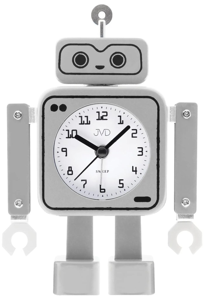 Detský budík JVD SRP2305.2 (16 cm) v tvare robota – strieborný