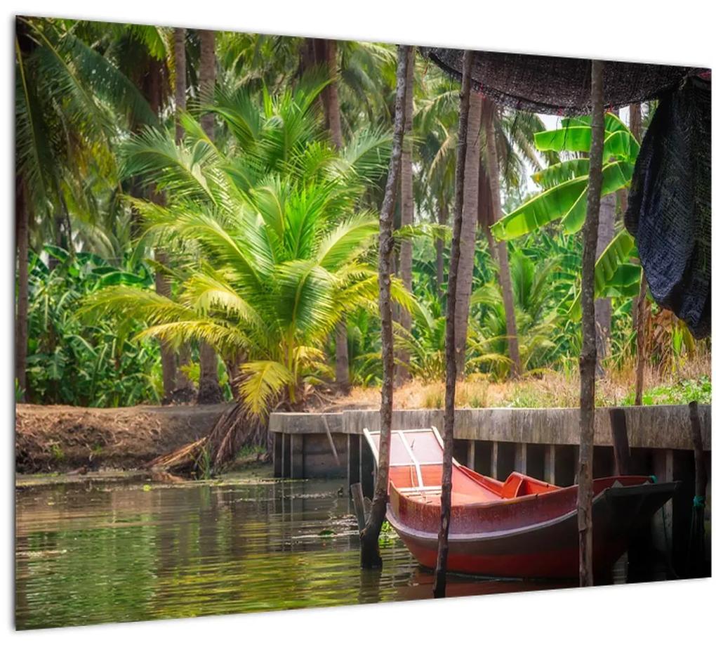 Sklenený obraz - Drevená loď na kanáli, Thajsko (70x50 cm)