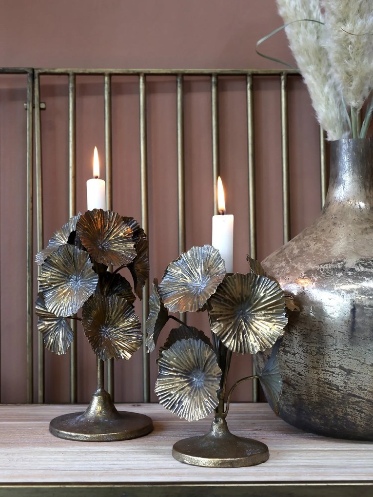Bronzový antik kovový svietnik zdobený kvetmi Flower - Ø 18*24cm