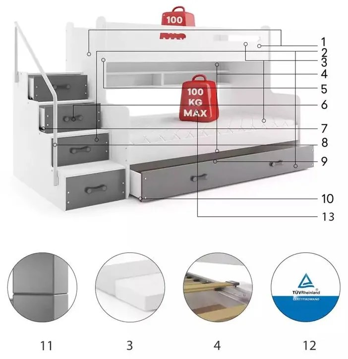 MAX 3 - Poschodová posteľ rozšírená - 200x120cm - Biely - Grafitový