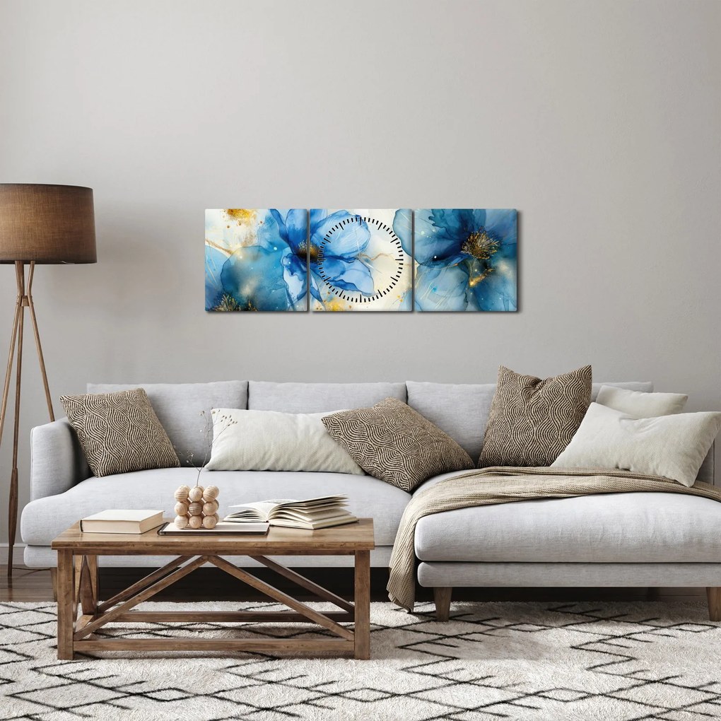 Obraz - Kvetinová, atramentová maľba (s hodinami) (90x30 cm)