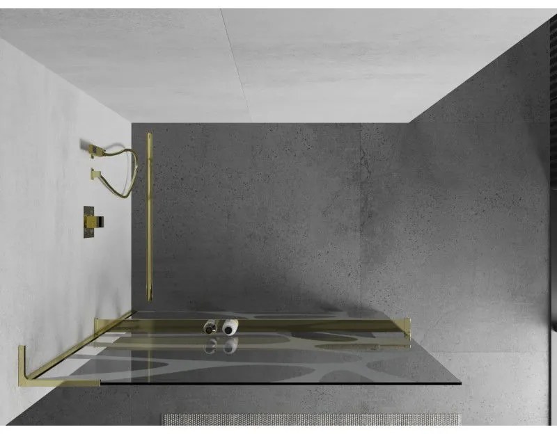 Mexen Kioto+ L, sprchová zástena Walk-In s poličkou a vešiakom 80 x 200 cm, 8mm číre sklo biely vzor, zlatý lesklý profil,800-080-123-50-97