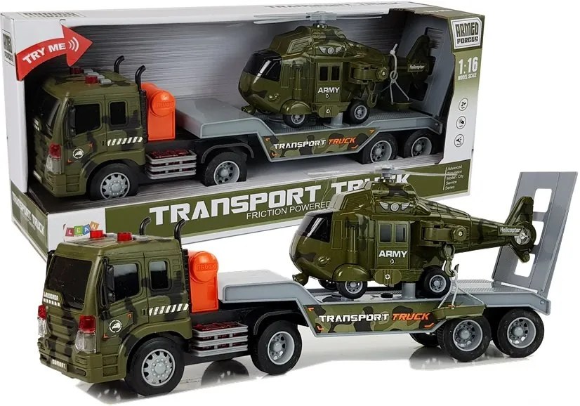 LEAN TOYS Odťahovacie vojenské vozidlo s prívesom a vrtuľníkom 1:16 + svetlo, zvuk