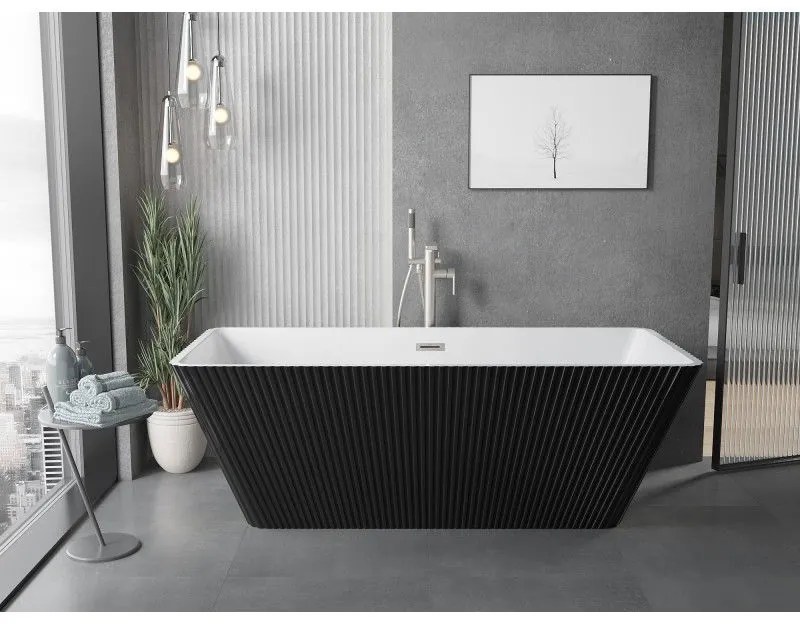 Mexen Tava, voľne stojaca ryhovaná vaňa 170 x 75 cm, biela-čierna, oceľový prepad, 52851707575-97