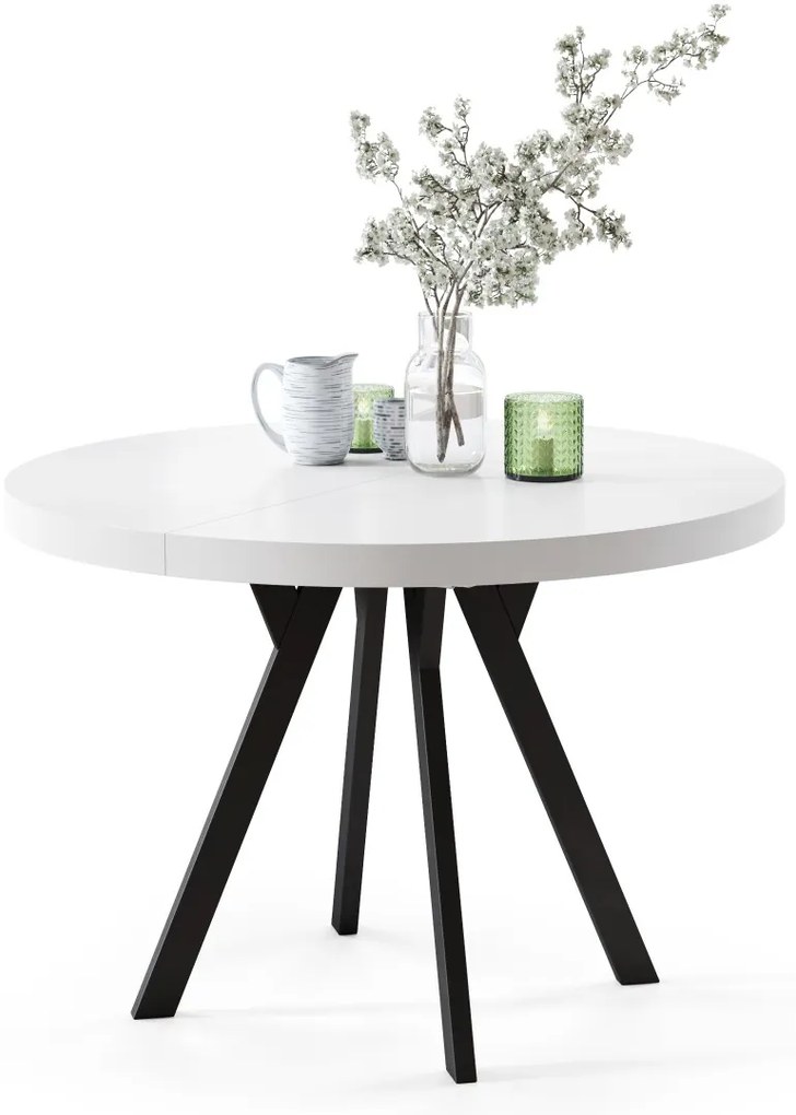 EXPANSO Biely mat / čierne nohy - VEĽKÝ OKRÚHLY STÔL Ø110 ROZKLADACÍ AŽ DO 310 cm S NOHAMI Y LOFTOVÝ / INDUSTRIÁLNY