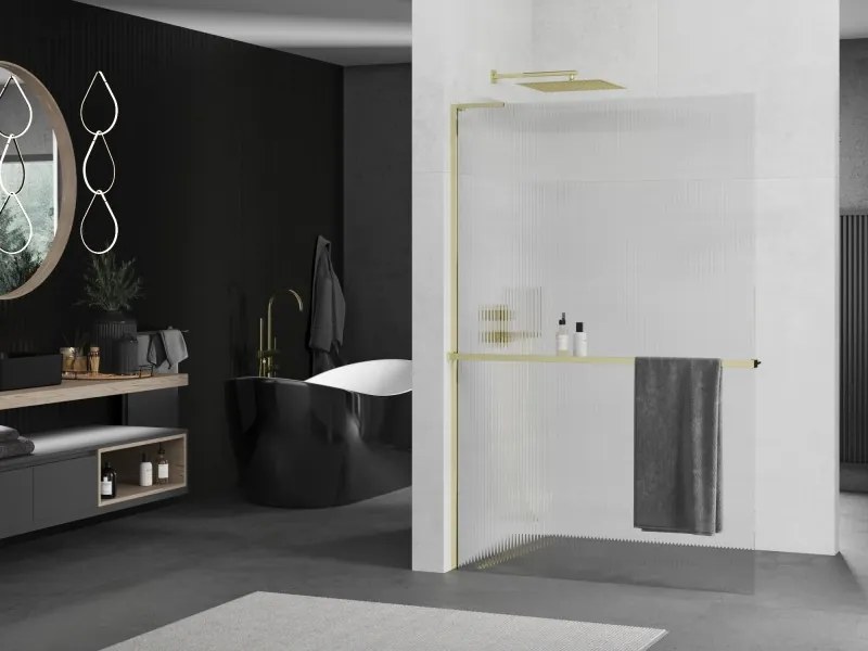 Mexen Kioto+ L, sprchová zástena Walk-In s poličkou a vešiakom 70 x 200 cm, 8mm sklo s rebrovým vzorom, zlatý lesklý profil,800-070-123-50-09