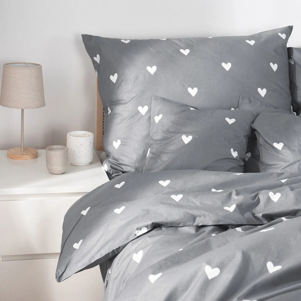 Goldea bavlnené posteľné obliečky - srdiečka na sivom 140 x 200 a 70 x 90 cm
