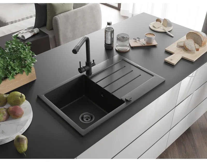 Mexen Bruno, 1-komorový granitový drez s odkvapkávačom 795x495x200 mm a čierna batéria Duero, čierna-strieborná metalíza, 6513-73-671600-70-B