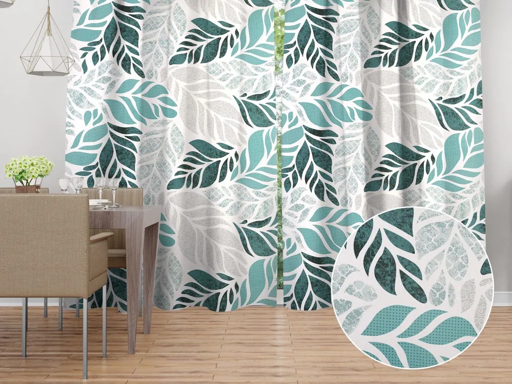 Biante Bavlnený záves Sandra SA-572 Sivo-modrozelené abstraktné listy na bielom 150x140 cm