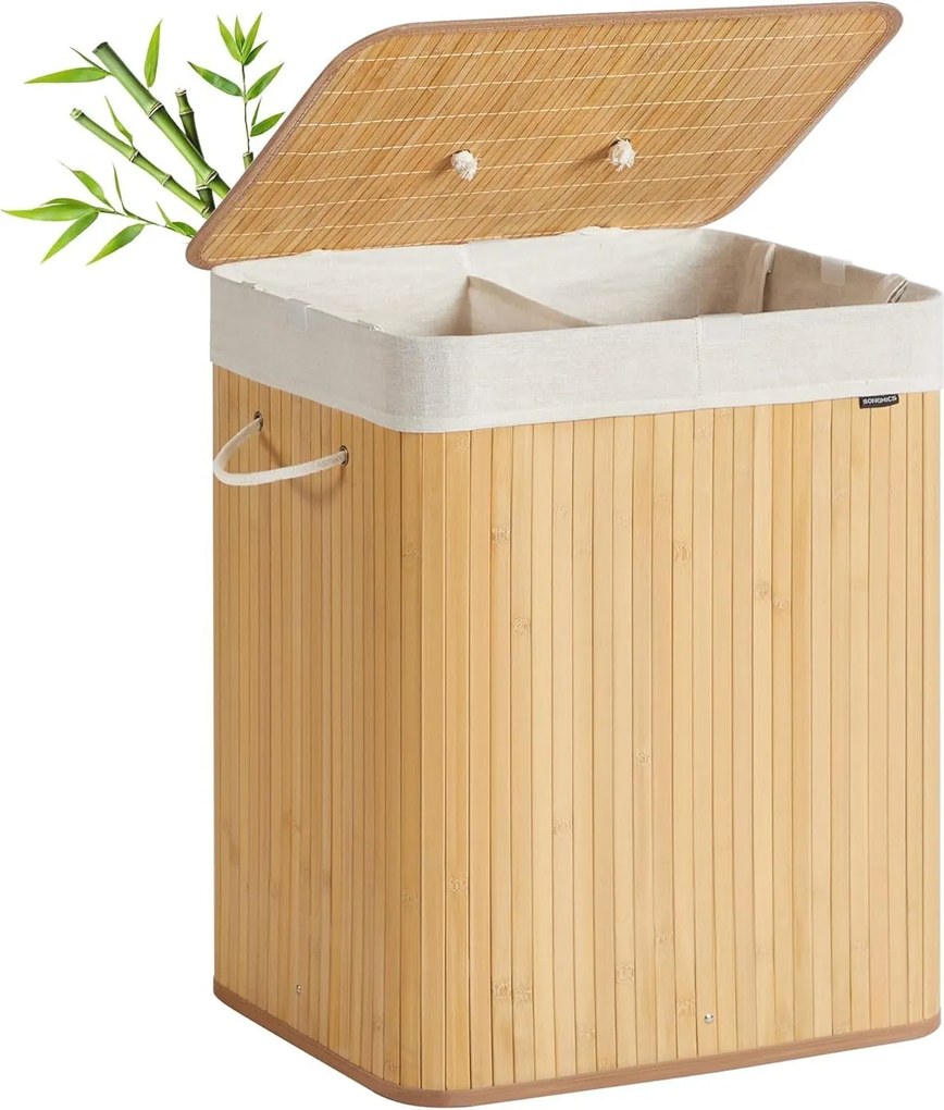 Kôš na prádlo s viečkom, 2 priehradkový, 120 litrový, bambusový, prírodný