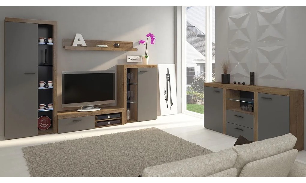 Obývacia stena Rodos s komodou, Farby: dub olejový, Osvetlenie: osvetlenie LED