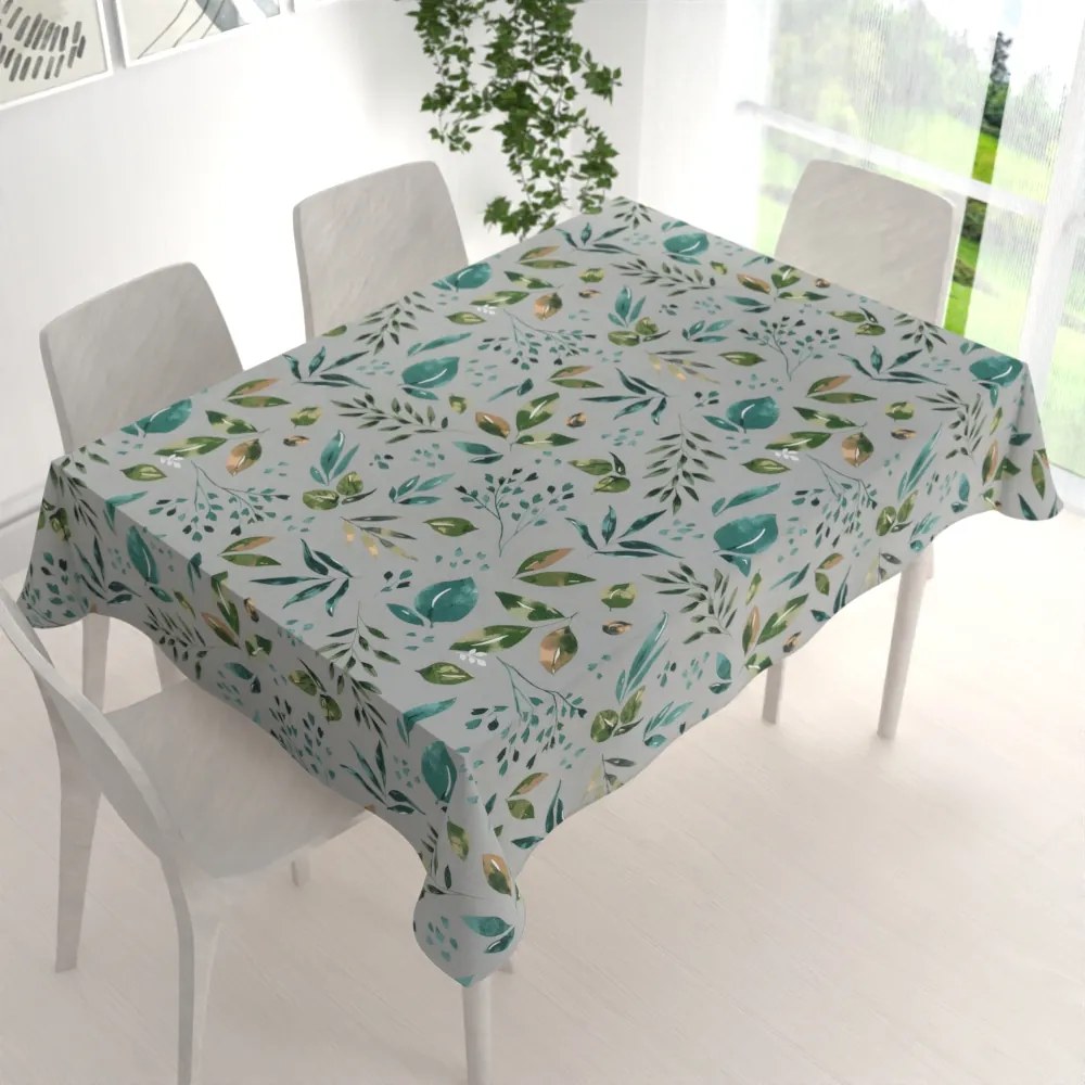 Biante Bavlnený obdĺžnikový obrus Sandra SA-430 Modro-zelené listy na sivom 140x180 cm