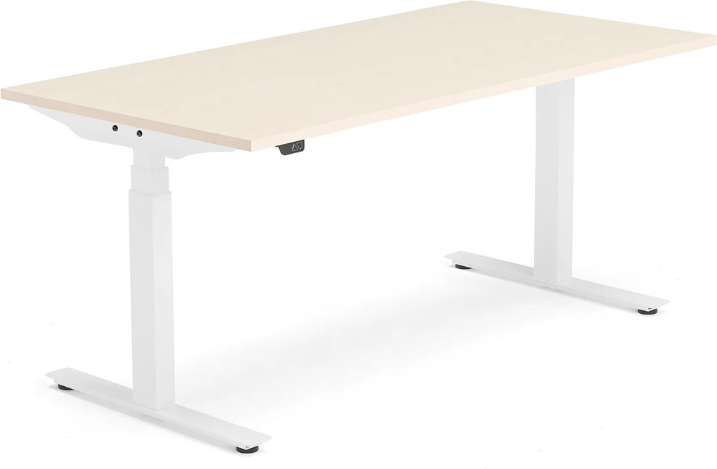 Výškovo nastaviteľný stôl Modulus, T-rám, 1600x800 mm, breza/biela
