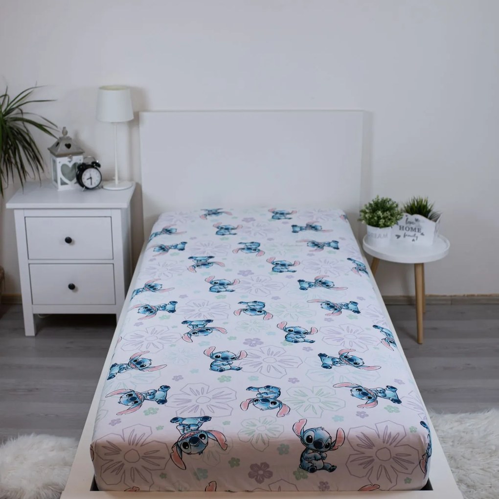 Jerry Fabrics Bavlnené napínacie prestieradlo 90x200 + 25 cm - Lilo and Stitch "Ohana White"