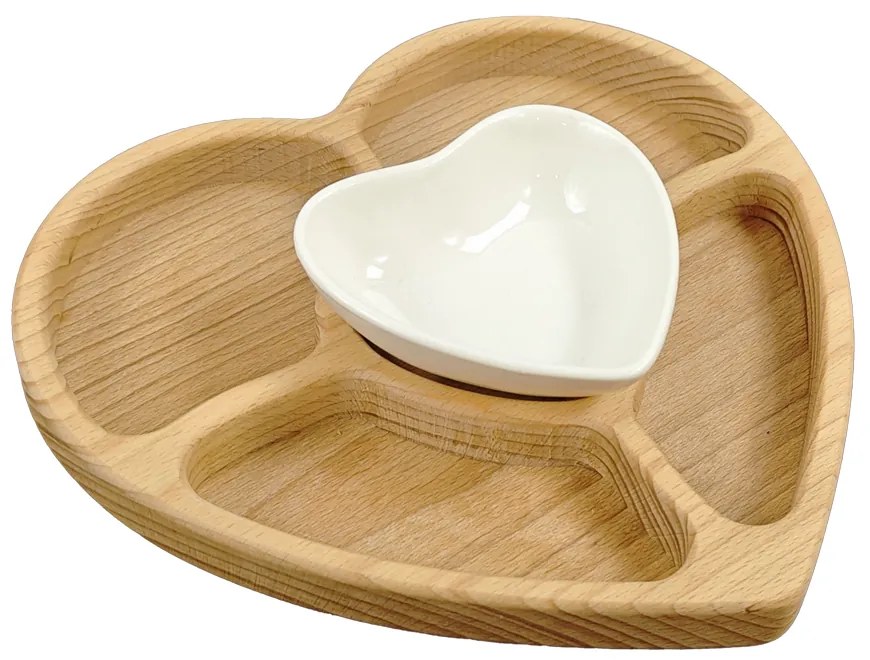 AMADEA Drevená miska srdce delená s mištičkou, masívne drevo, 20 cm