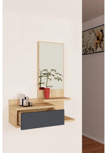 Nástěnná police se zrcadlem ROZELLA 90x60 cm béžová/antracit