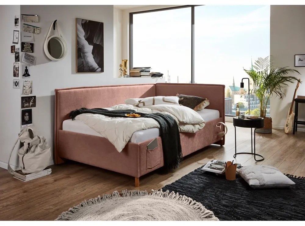 Ružová čalúnená rohová detská posteľ bez roštu 90x200 cm Fun – Meise Möbel