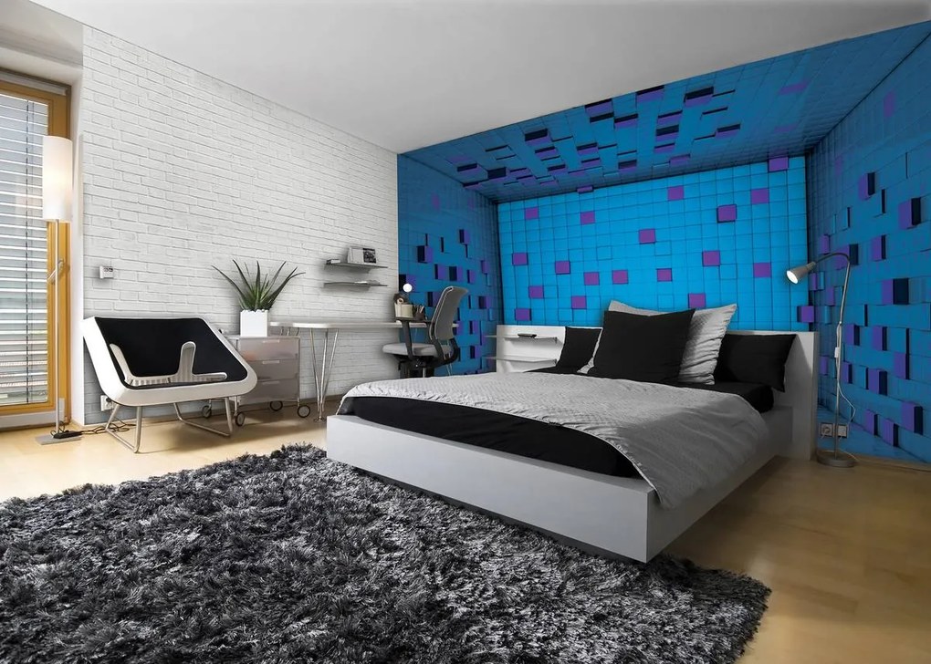 Fototapeta - 3D miestnosť z modrých kociek (152,5x104 cm)