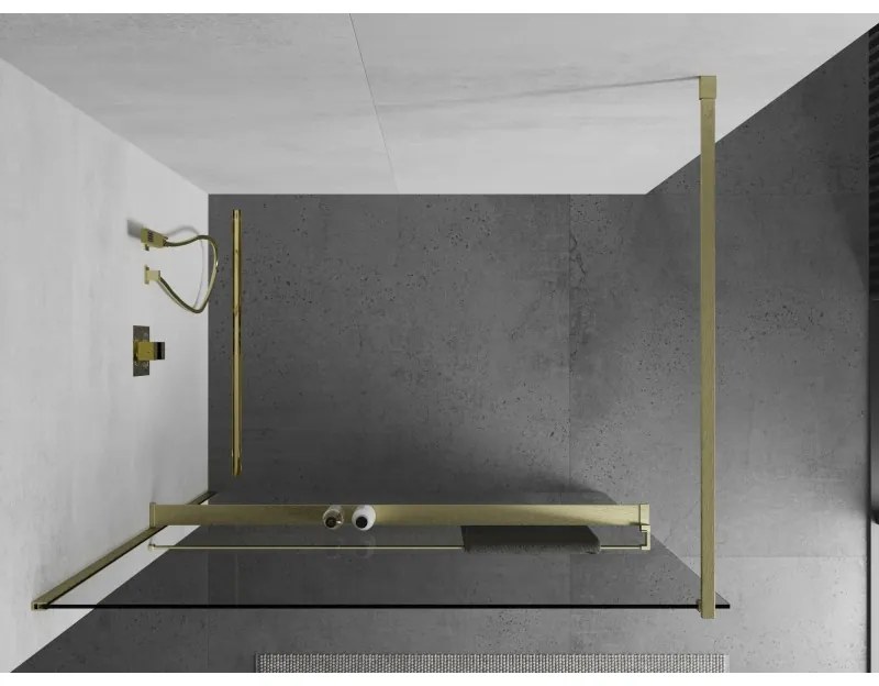 Mexen Kioto+, sprchová zástena Walk-In s poličkou a vešiakom 75 x 200 cm, 8mm číre sklo, zlatý matný profil, 800-075-121-55-00