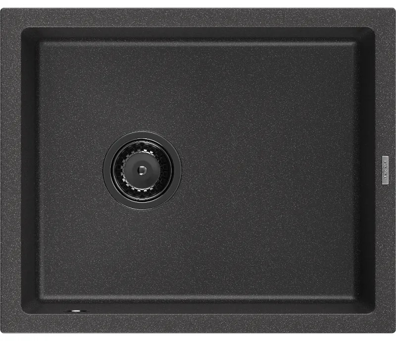 Mexen Pedro, granitový drez 560x460x200 mm, 1-komorový, čierna škvrnitá s čiernym sifónom, 6508561000-76-B